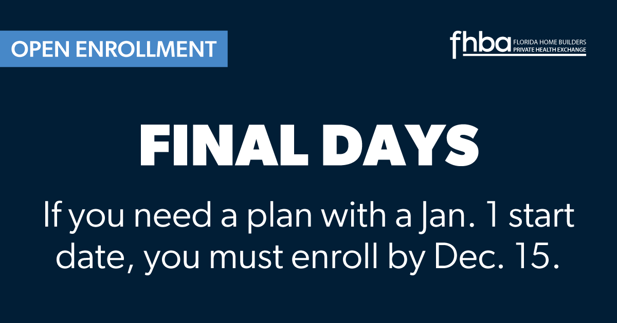 Dec. 15 is the deadline for health insurance starting Jan. 1! Need help choosing a plan or calculating subsidies? Schedule with a licensed benefits counselor via the FHBA Private Insurance Exchange. Act now—availability is limited! fhba.memberbenefits.com/health-options/