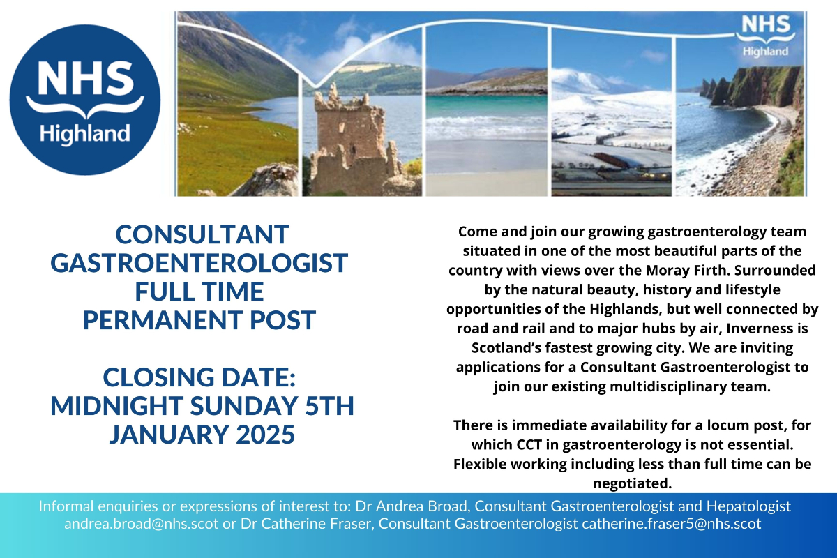 We are recruiting for a Consultant Gastroenterologist based in Raigmore Hospital, Inverness.  This post is full time and permanent.

For more information and to apply: apply.jobs.scot.nhs.uk/Job/JobDetail?…