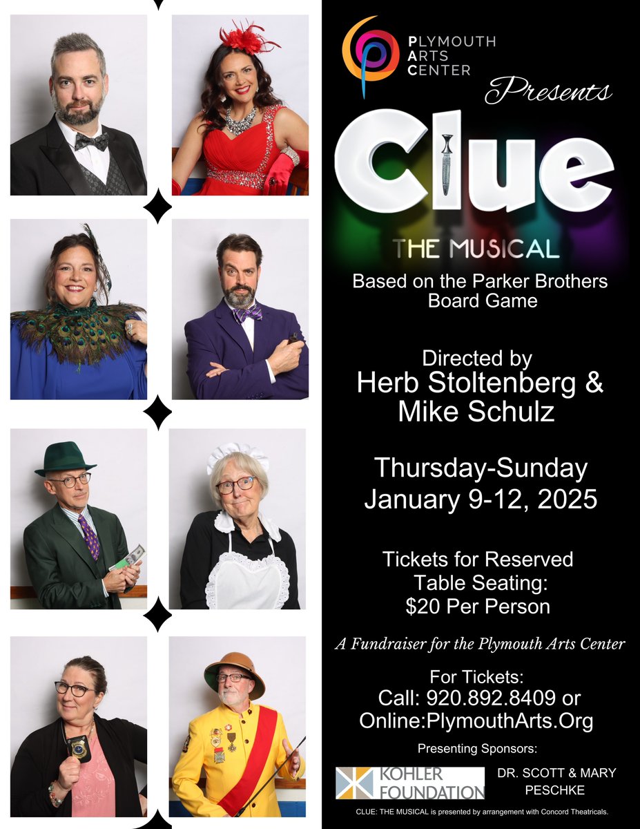 PlymArts's tweet photo. Do you have your tickets for this outstanding show?  Tickets to Clue the Musical would make wonderful Christmas Gifts!  Consider including a PAC Gift Membership!   Call today: 920-892-8409 or purchase online: https://t.co/nnzhhcYJGz https://t.co/NAKxat7TN1