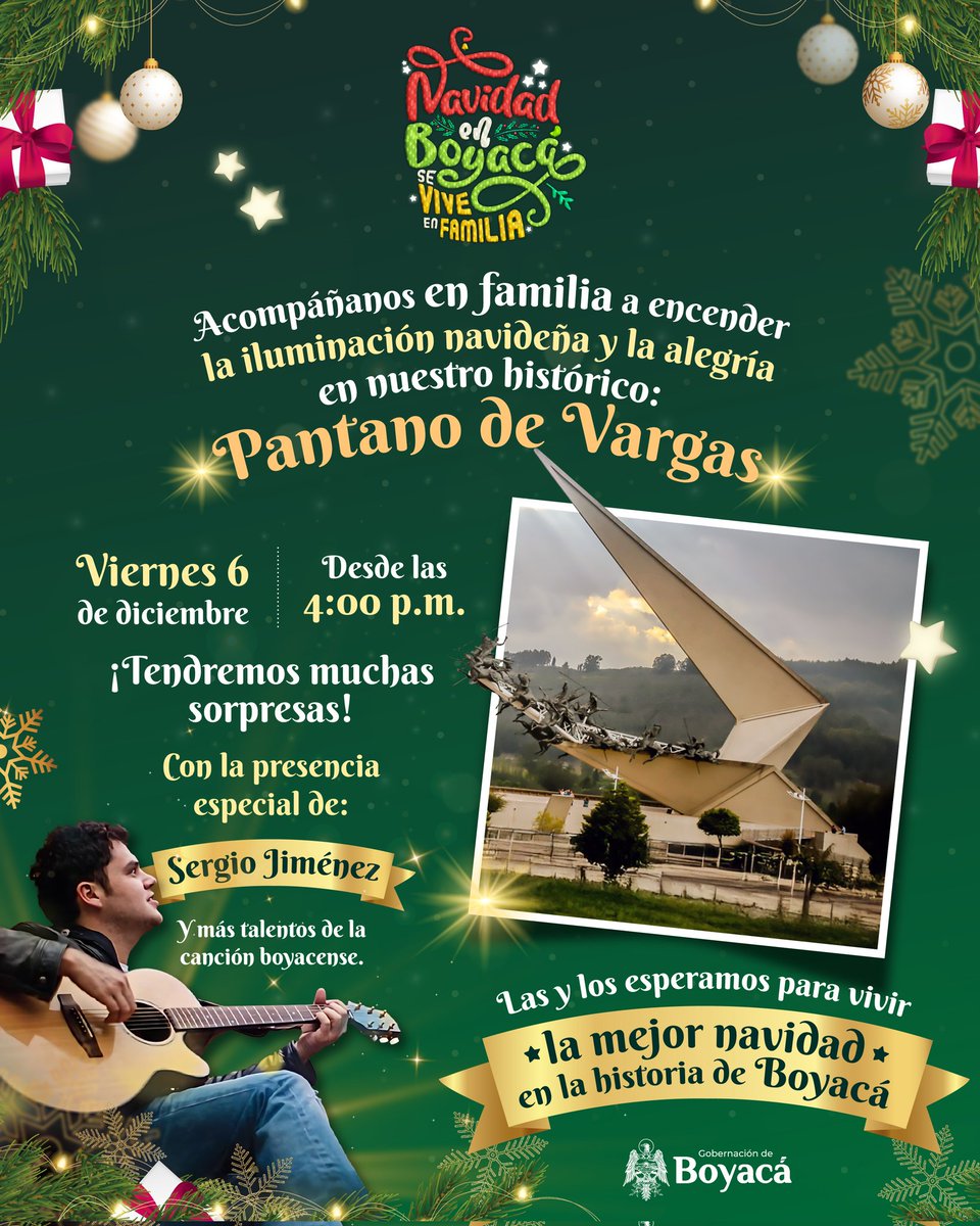La magia de la #NavidadEnBoyacá llega al Pantano de Vargas🎄.
Nuestros corazones se llenarán de alegría con el encendido navideño y una noche inolvidable en familia.

Grandes sorpresas y la presentación de <a href="/Sergiojimeneza/">Sergio Jiménez</a> harán de esta Navidad la mejor en la historia de Boyacá.