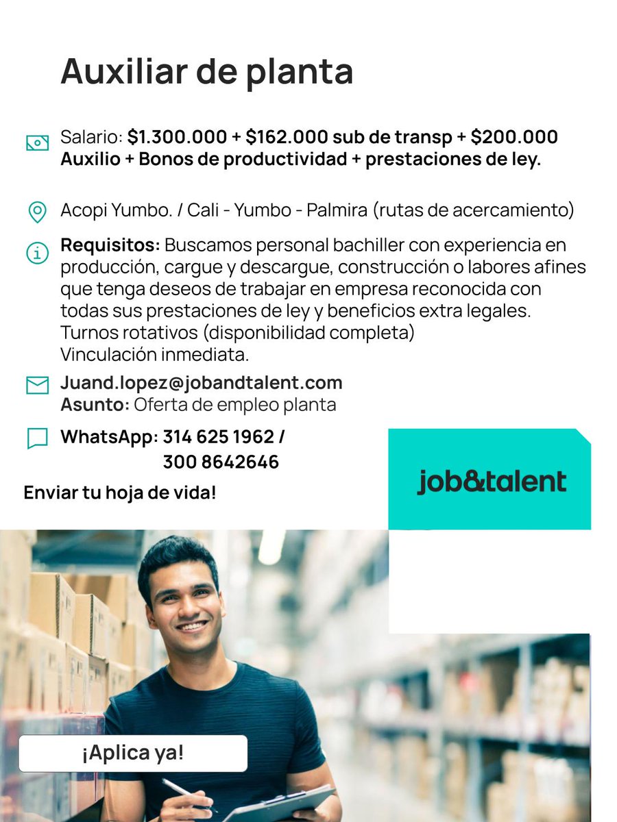 AlvaroJoseL's tweet photo. @RadioPlaneta969 @KanarioAdolfo @HECTORELGUEY @vicoortiz Hola buenos días. Agradezco por favor su ayuda con la divulgación de esta oferta laboral para Cali, Yumbo y Palmira en empresa reconocida. Mil gracias! 🙏🏻 #trabajosihay #empleo #empleoscali #JobAndTalent https://t.co/mCe8e9pri5