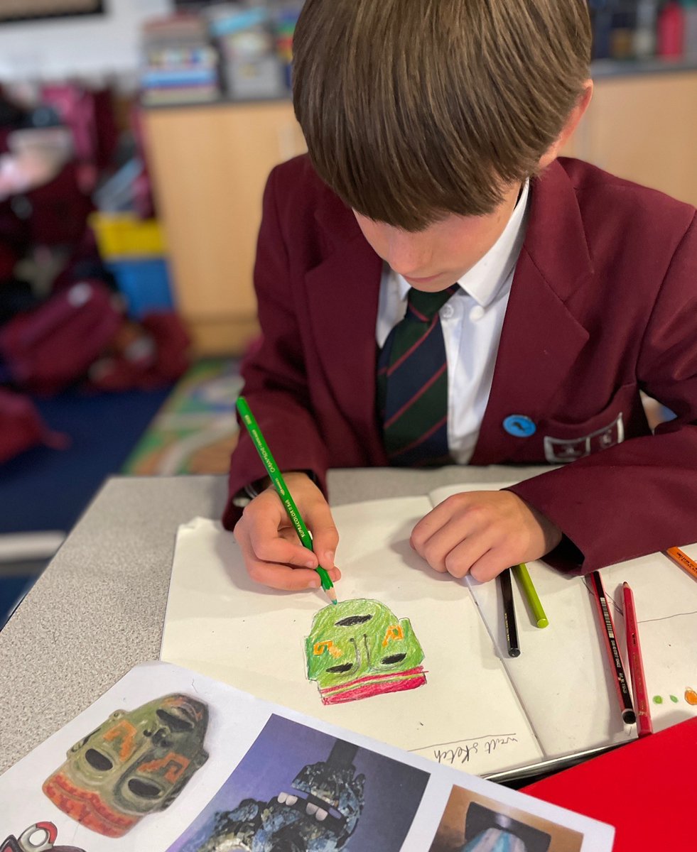 The Children in Mrs Blinston's class have been learning about Aztec masks. Here they are drawing a range of masks and colouring them carefully into their sketch books, these will become inspiration for their own mask designs in a few weeks.