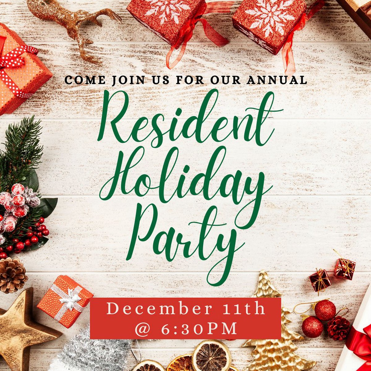 It's that time again! Join us for the Resident Holiday Party in the Game Room Lounge on Wednesday December 11th at 6:30pm.Enjoy some great food and have a good time! We hope to see you there! 🍾
#bozzuto #themodernatartplace #weloveourresidents #happyholidays