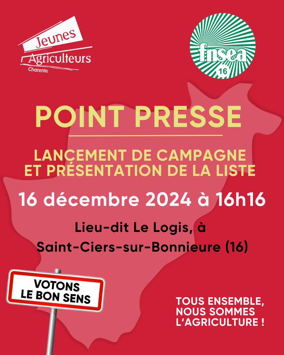 #Campagne2025 |  Lancement de la campagne de la FNSEA16 et des JA16 pour les élections à la Chambre d'Agriculture de Charente le lundi 16 décembre 2024 à 16h16 !