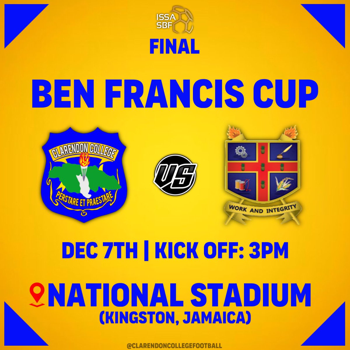 ccfootballja's tweet photo. This Saturday we take on STETHS in the Ben Francis Cup Final at the National Stadium. Come out to support the boys CC Nation as we seek to end the season with a trophy 🏆💙💛. LET’S GOO‼️

#CCNation #Wukkum #1Don https://t.co/J0XzguguLH