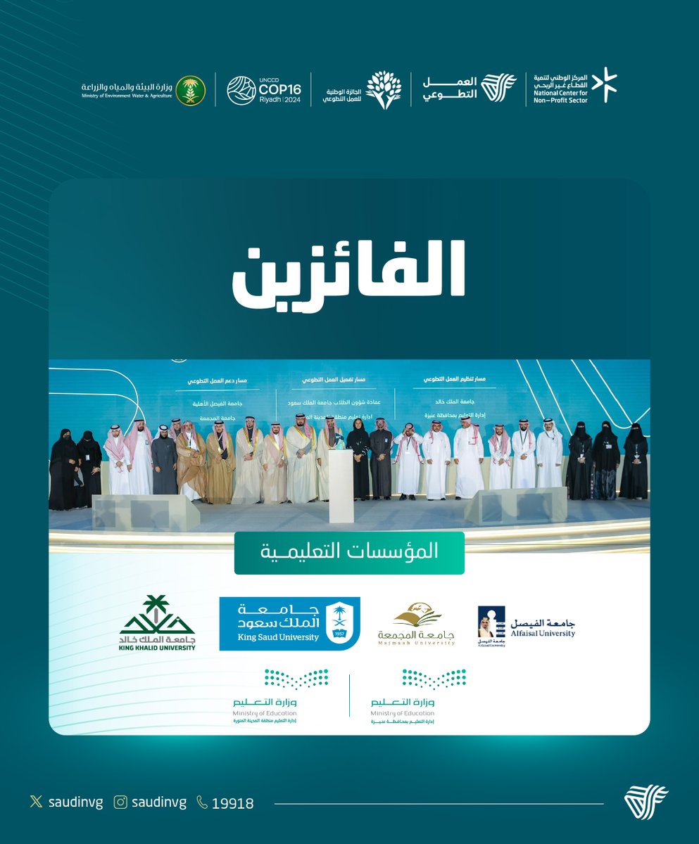 SaudiNVG's tweet photo. نبارك للفائزين من المؤسسات التعليمية في #جائزة_العمل_التطوعي

• جامعة الملك خالد @kkueduksa
• إدارة التعليم بمحافظة عنيزة @MOE_ONZ
• إدارة الطلبة الدوليين بجامعة الملك سعود @ISDKSU
• إدارة تعليم منطقة المدينة المنورة @MOE_MDI
• جامعة الفيصل الأهلية @Alfaisaluniv
• جامعة المجمعة @umajmaah

متمنّين لهم دوام التوفيق والنجاح.

#مجتمع_معطاء