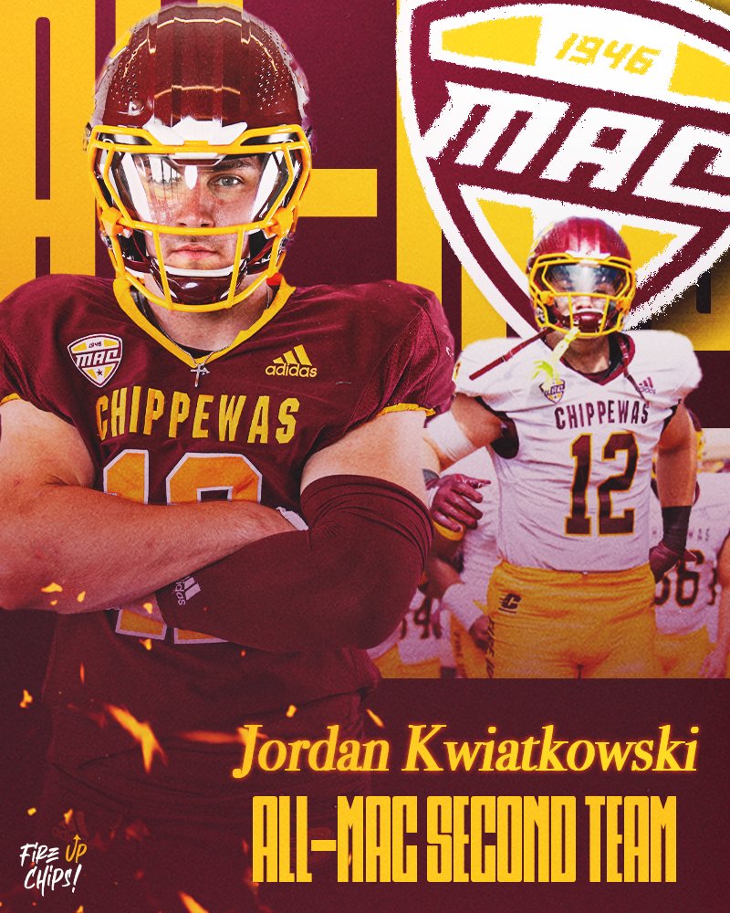 🏆 First-time All-@macsports honoree LB Jordan Kwiatkowski!

✔️ Second Team All-MAC as a LB
✔️ Led CMU in tackles (96), solo tackles (48), and tackles for loss (14.0)
✔️10 or more tackles in six career games
✔️ Led CMU in tackles in five games in 2024

#FireUpChips 🔥⬆️🏈