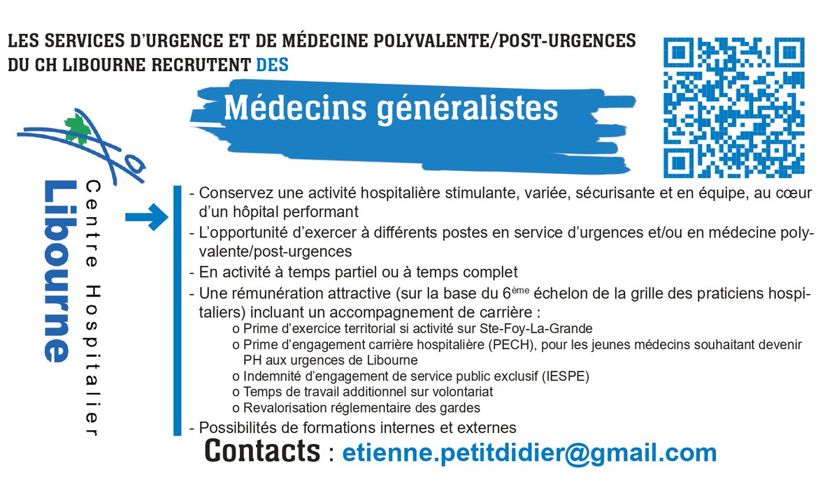 CH Libourne (@ch_libourne) on Twitter photo 📢 Nous recrutons des médecins généralistes !
✨ Rejoignez nos services d’urgences et médecine polyvalente/post-urgences !
📩 CV à envoyer à : etienne.petitdidier@gmail.com
#Recrutement #MédecinGénéraliste #Emploi #Santé 📢 Nous recrutons des médecins généralistes !
✨ Rejoignez nos services d’urgences et médecine polyvalente/post-urgences !
📩 CV à envoyer à : etienne.petitdidier@gmail.com
#Recrutement #MédecinGénéraliste #Emploi #Santé