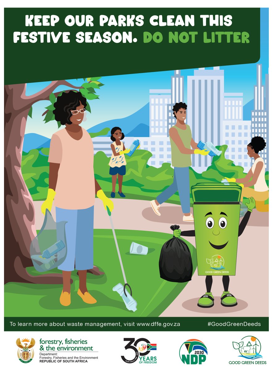 environmentza's tweet photo. @eThekwiniM @GCIS_KZN @GCISMedia @aQuelle This festive season, let’s keep our parks clean and green. Do your part—don’t litter and ensure waste is disposed of responsibly.
Tip: Bring reusable bags and gloves for your park cleanups to make the process easier and eco-friendly.
#GoodGreenDeeds https://t.co/nkFyl6n6eW