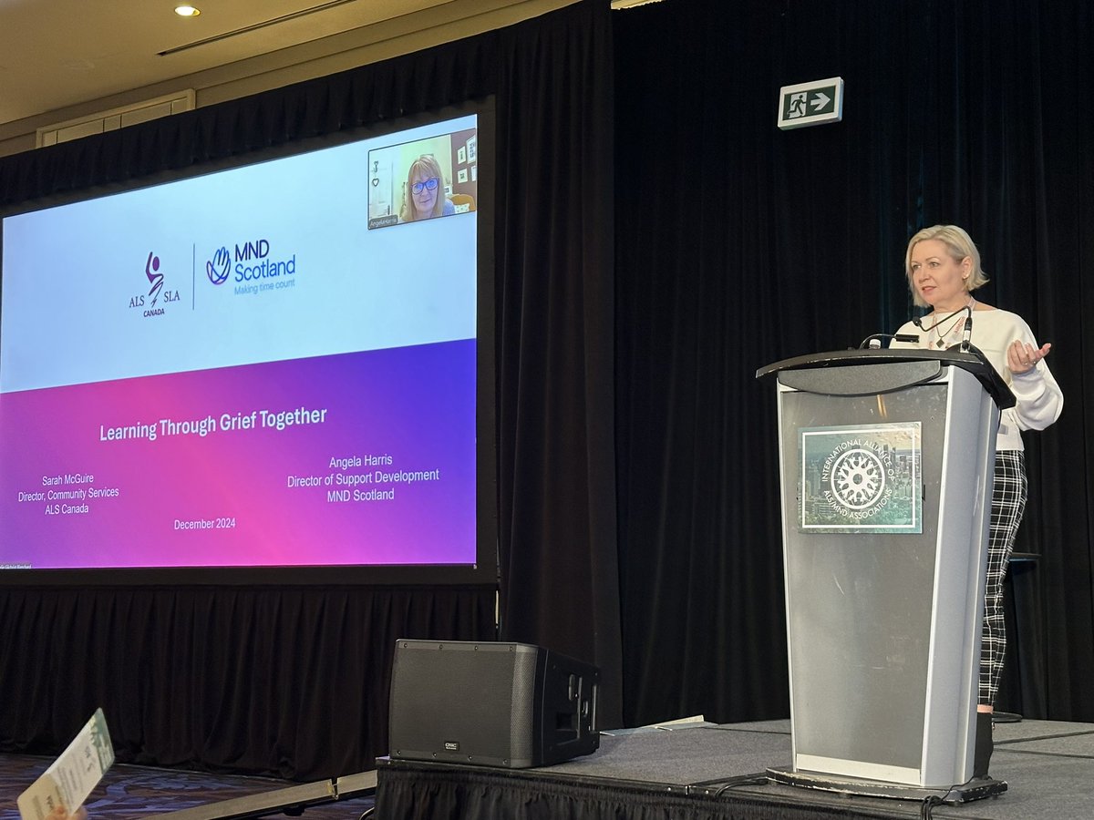 So proud of the contribution <a href="/ALSCanada/">ALS Canada</a> is making on the international stage! ALS Canada Sarah McGuire presenting with Angela Harris of <a href="/MNDScotland/">MND Scotland</a> on the bereavement support group program. Amazing! <a href="/ALSMNDAlliance/">ALS/MND Alliance</a> APF Forum #united