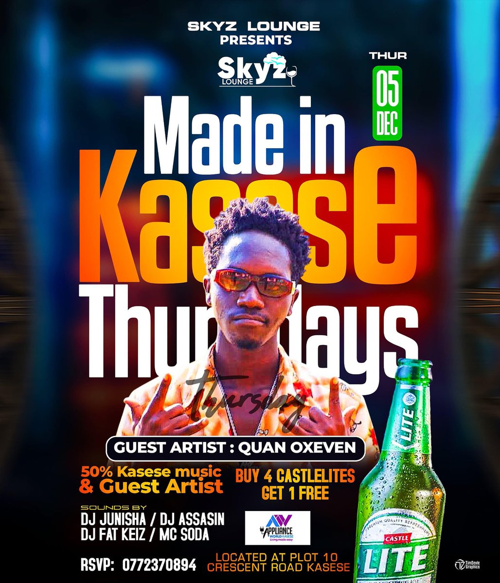SkyzLoungeKse's tweet photo. Thursday is a special day for us as we dedicate it to promoting Kasese Talent.
Join us tonight for #MadeInKasese as we host Quan Oxeven.
Our DJs play strictly 50% Kasese music.
βοΈ For reservations: 0772 370 894
π Plot 10 Crescent Road. https://t.co/uOcMunLBLw
