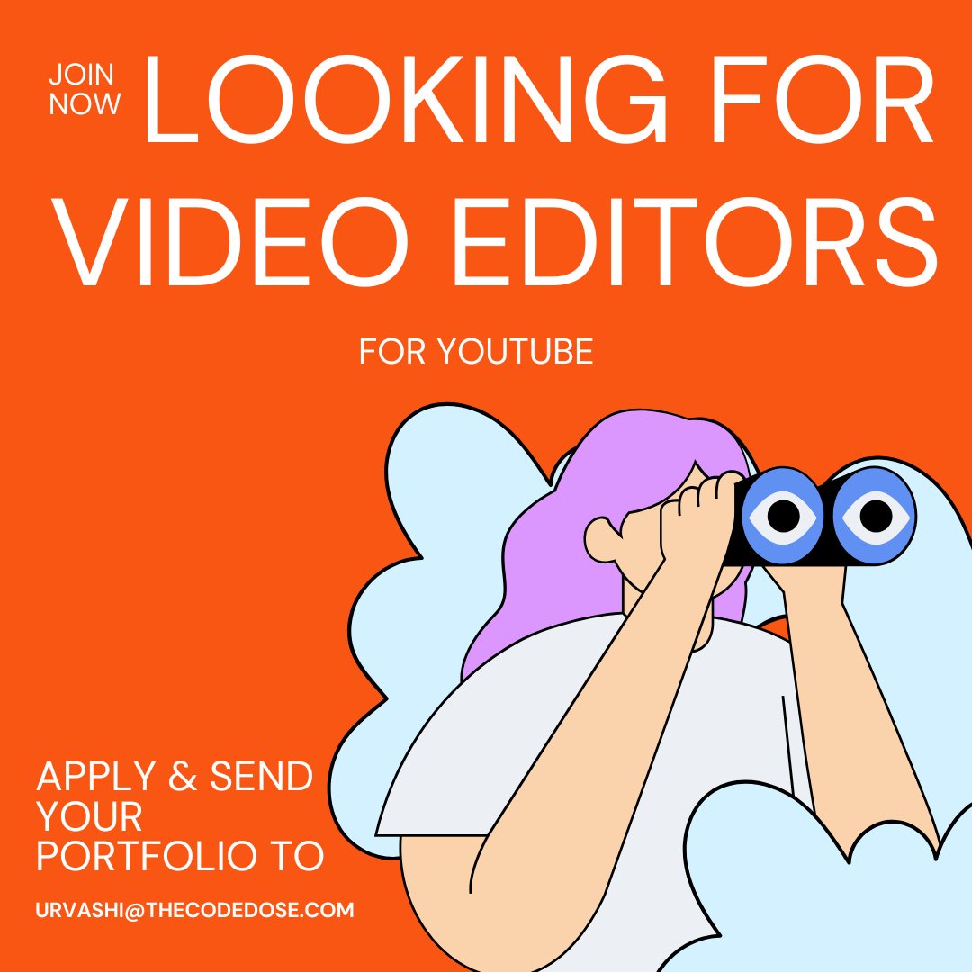 thecodedose's tweet image. I am looking for video editors for YouTube 📹
Please only respond if you have the bandwidth! 
Any leads are greatly appreciated...