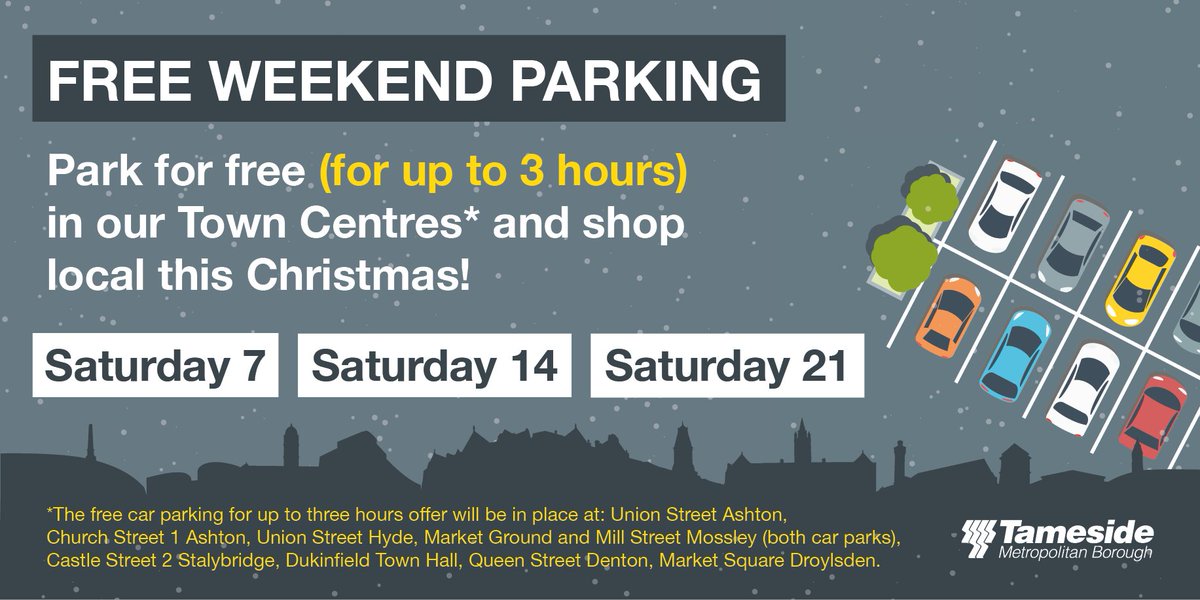 TamesideCouncil's tweet photo. 🎄 Free Parking in Tameside this Saturday! 🎄

Shop local and enjoy FREE parking this Saturday 7 Dec (also available 14 &amp; 21 Dec) for up to 3 hours at selected council car parks! 🚗✨

📍 Find participating locations &amp; more details here: https://t.co/G7ffnrsG5y
#ShopLocal https://t.co/UCCv0bXwi4