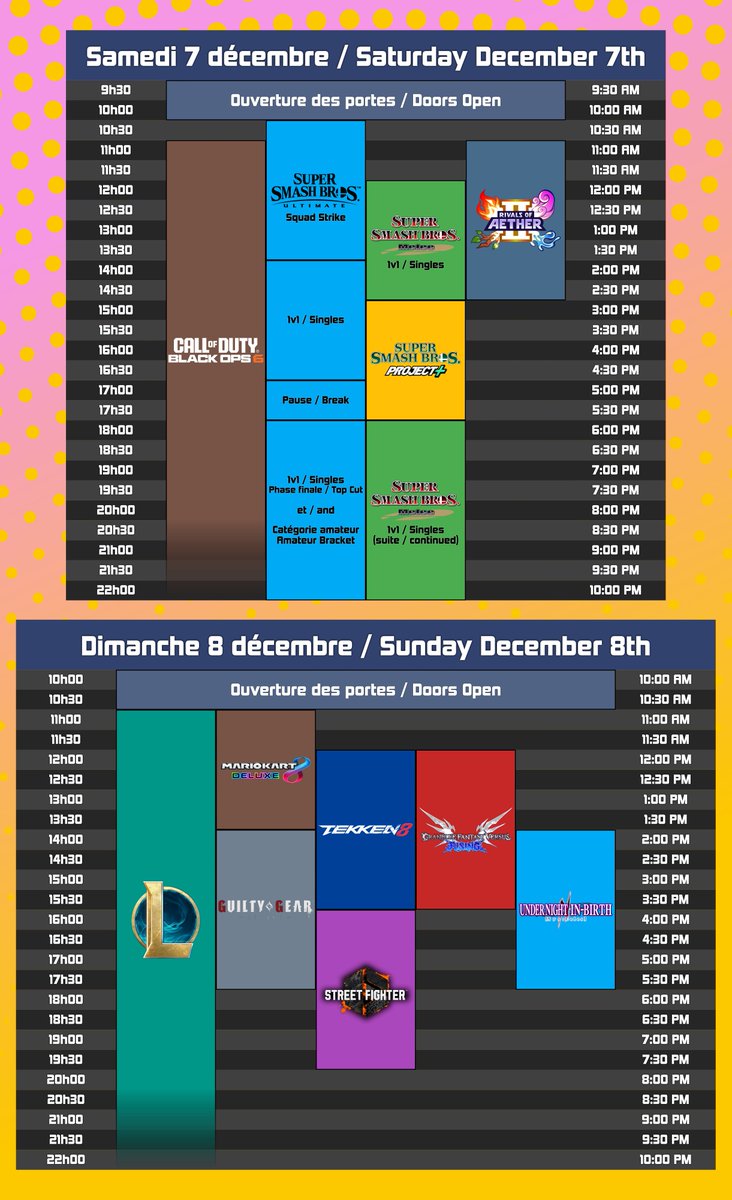 Voici l'horaire final pour le LAN de l'espoir 2024! Notez que nous avons enlevé les tournois qui n'avaient pas assez d'inscriptions. Il reste encore du temps pour s'inscrire, mais, n'attendez pas, faites-le maintenant!
-> start.gg/LoH