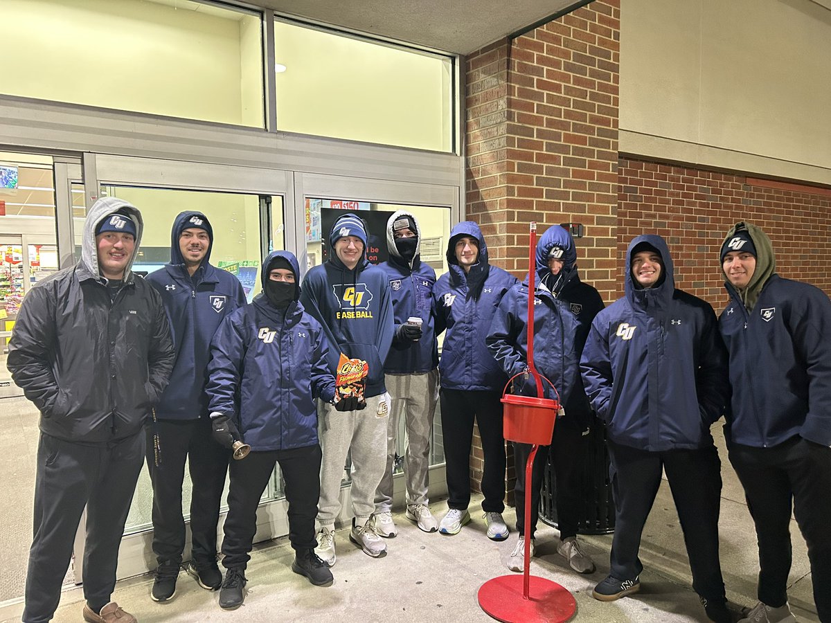 ClarkeBaseball's tweet photo. The boys got out and braved the cold this week to ring bells for Salvation Army. We love getting out into the community and seeing familiar faces! On to Christmas break and on the bus 8 weeks from today! https://t.co/l5fUNZdhqH