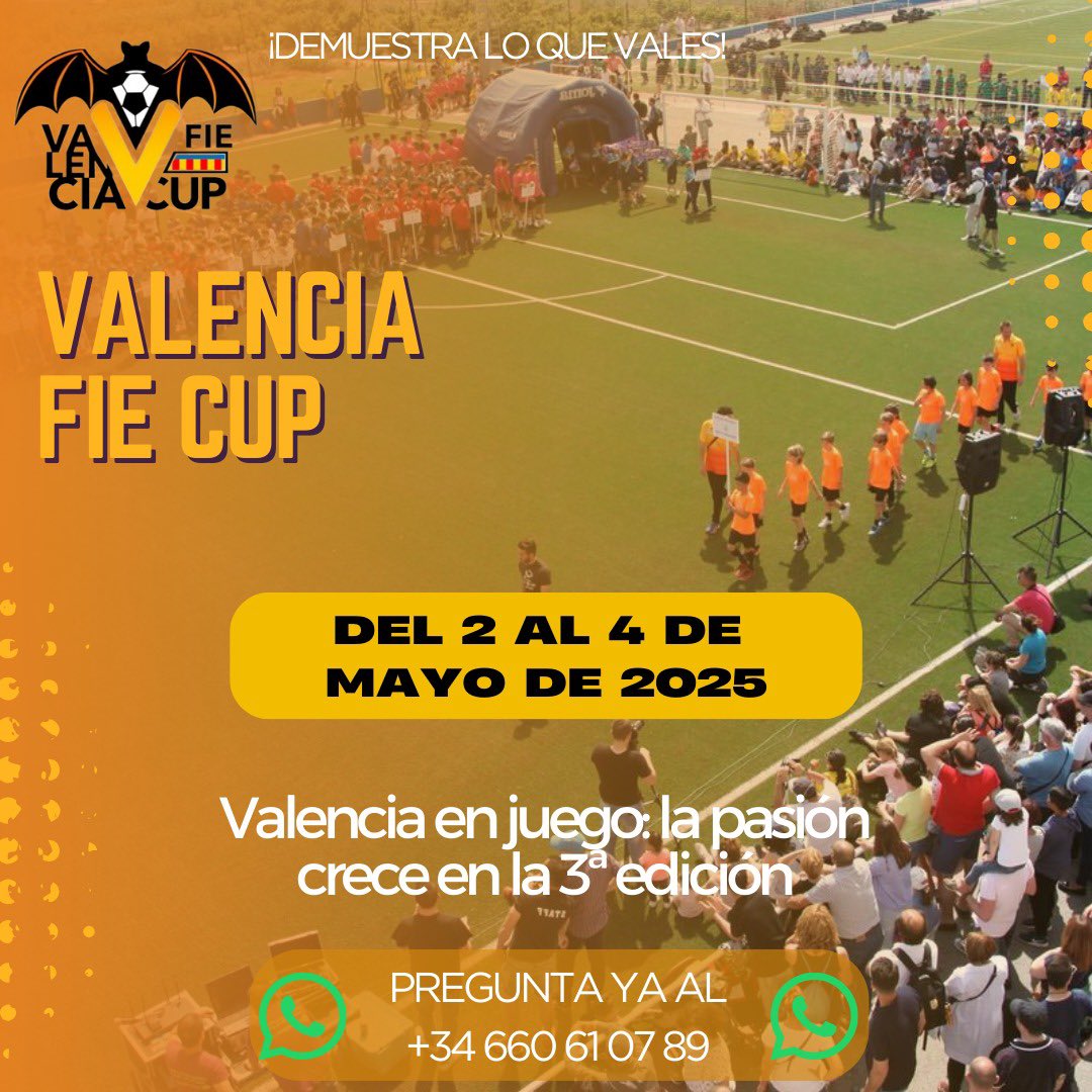 Valencia FIE Cup (@valenciafiecup) on Twitter photo 🏆🟠 ¡Bienvenidos a la III Edición de la <a href="/valenciafiecup/">Valencia FIE Cup</a>!
🏟️ El Planter, Valencia
🗓️ Del 2 al 4 de mayo de 2025
⚽️ Desde prebenjamín hasta cadete
📲 Pide información al 660 61 07 89
#ValenciaFieCup #ValenciaFieCup2025 #VFC25 #Valencia #futbol #torneos #torneo #futbolbase 🏆🟠 ¡Bienvenidos a la III Edición de la <a href="/valenciafiecup/">Valencia FIE Cup</a>!
🏟️ El Planter, Valencia
🗓️ Del 2 al 4 de mayo de 2025
⚽️ Desde prebenjamín hasta cadete
📲 Pide información al 660 61 07 89
#ValenciaFieCup #ValenciaFieCup2025 #VFC25 #Valencia #futbol #torneos #torneo #futbolbase