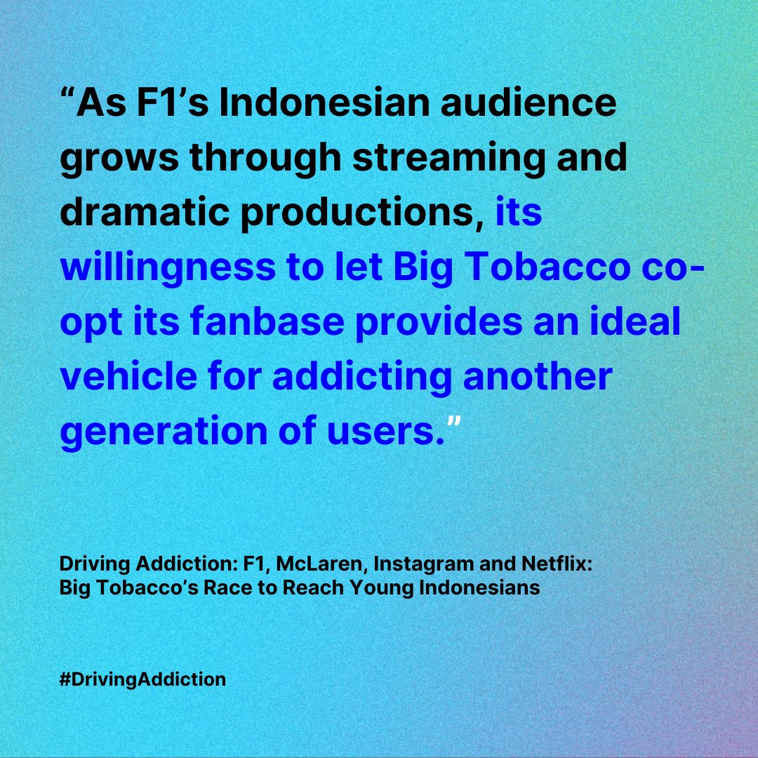 exposetobacco's tweet photo. The problem: Advertising fuels youth tobacco use, a National Library of Medicine paper says. What's concerning: Big Tobacco sponsorships mean #F1 content benefits tobacco companies, making F1 complicit in #DrivingAddiction.

Read the NEW case study 🔗  https://t.co/AsQQV7UsSn https://t.co/XRfrGGJBaQ