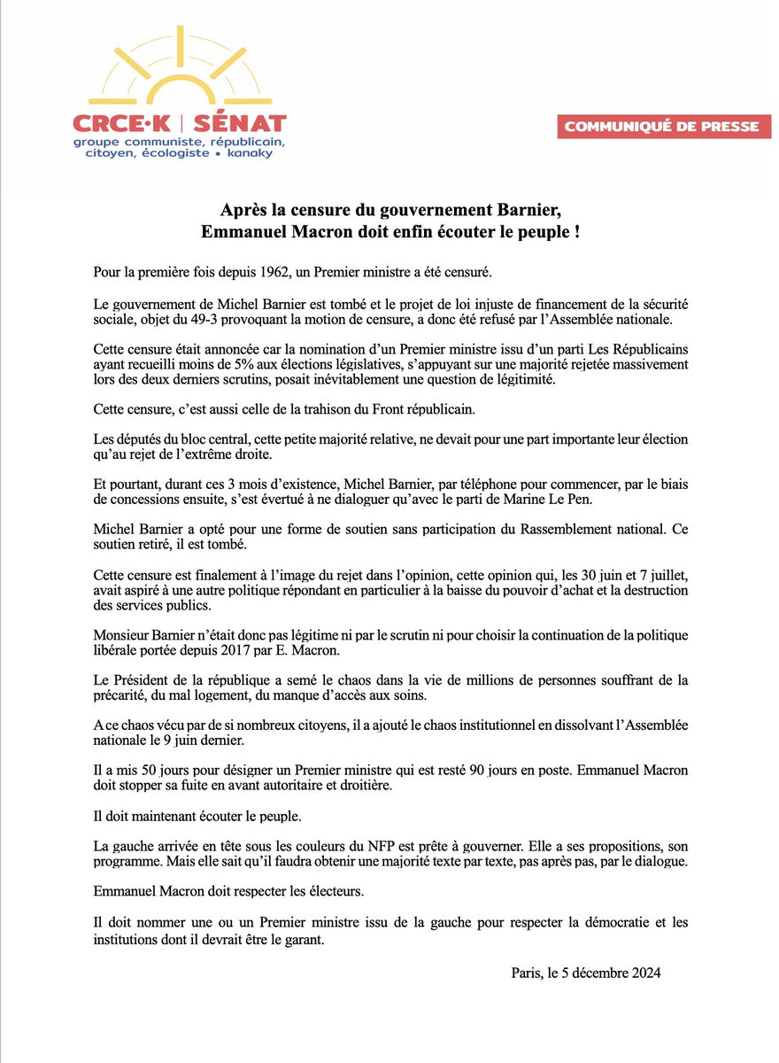 Sénateurs CRCE-K (@senateurscrce) on Twitter photo Les <a href="/senateursCRCE/">Sénateurs CRCE-K</a> appellent "Emmanuel Macron à stopper sa fuite en avant autoritaire et droitière". "Il doit nommer une ou un nouveau Premier ministre issu de la gauche". Le CP↩️
#Macron20h Les <a href="/senateursCRCE/">Sénateurs CRCE-K</a> appellent "Emmanuel Macron à stopper sa fuite en avant autoritaire et droitière". "Il doit nommer une ou un nouveau Premier ministre issu de la gauche". Le CP↩️
#Macron20h