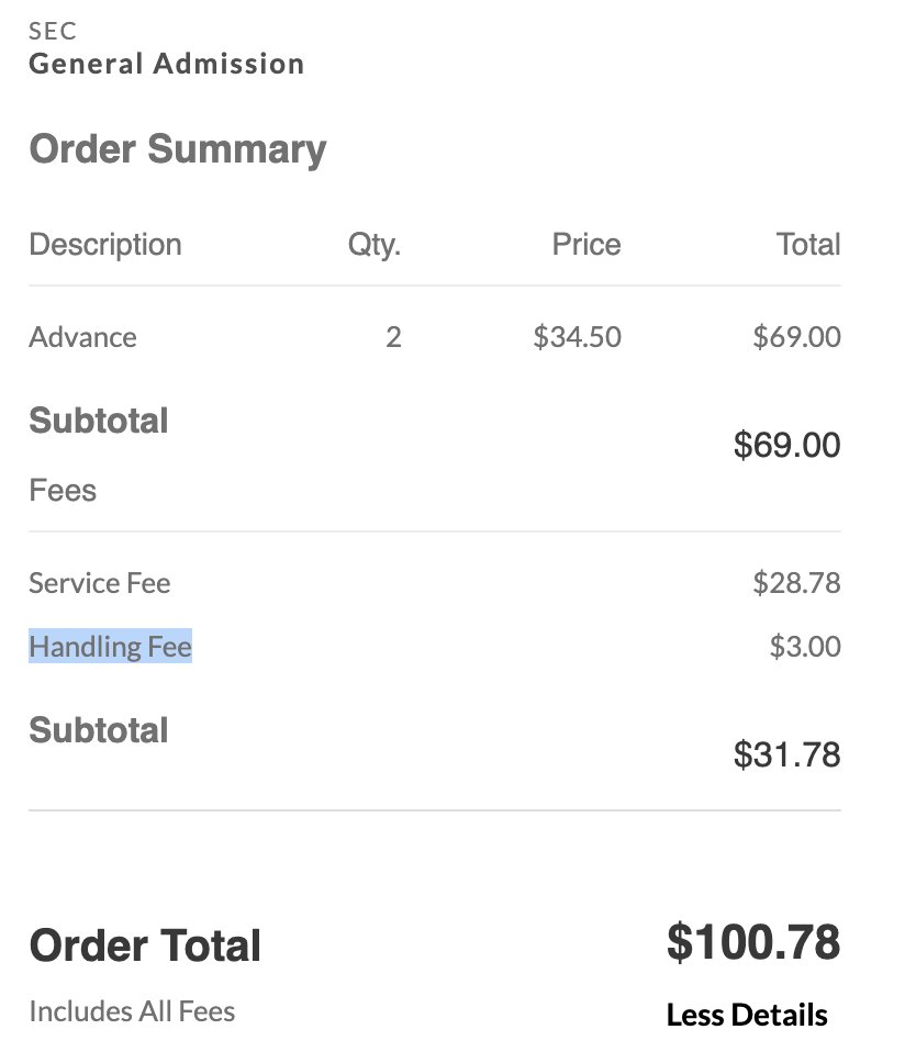 westonpagano's tweet photo. Of all the scams involved in buying tickets these days, it takes real audacity to charge a "handling fee" when the tickets are digital not physical. WHAT ARE YOU HANDLING? https://t.co/k0KGustJLX
