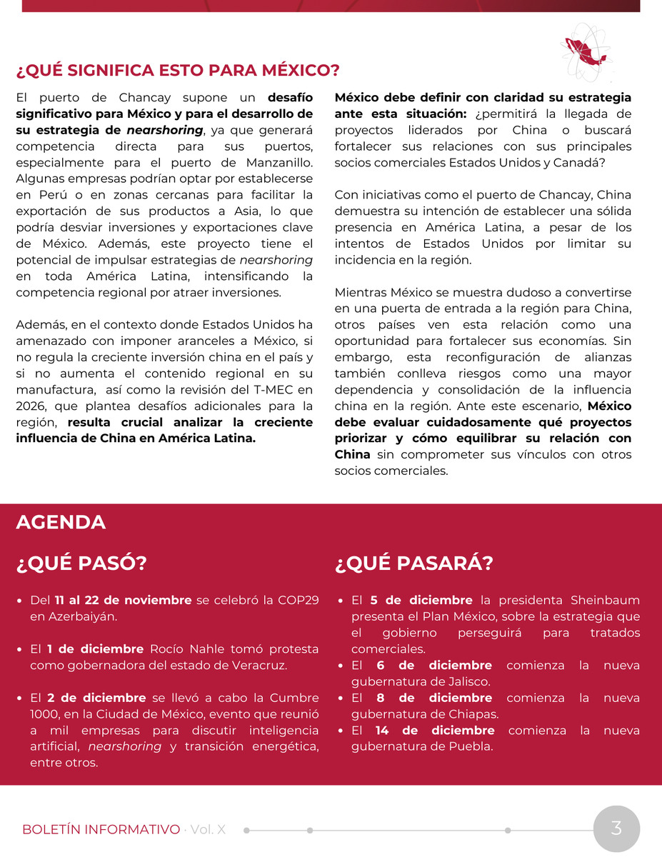 ConnectingMex's tweet photo. #BoletnMensual  📑
La expansión del One Belt One Road ha permitido a China consolidar su influencia en regiones estratégicas fuera de Asia, incluyendo América Latina, donde el Puerto de Chancay, en Perú, es uno de los ejemplos más emblemáticos de esta estrategia. En el mes de noviembre, el presidente Xi Jinping viajó a Perú para su inauguración, enviando un mensaje de la importancia que tiene la región para China. 

Conoce más sobre los retos que esto plantea para América Latina y qué significa para México en nuestro boletín mensual. 👇🏼

#RutaDeLaSeda #PuertodeChancay #Perú #China #AméricaLatina