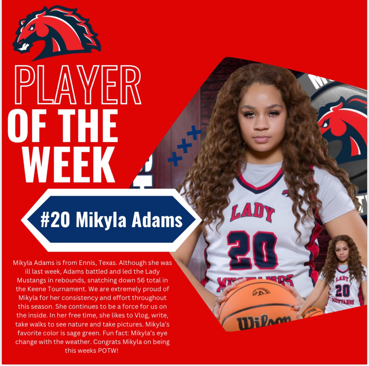 LHSWWomensHoops's tweet photo. Week 4️⃣: Player of the Week: Sophomore, Forward, Mikyla Adams
 
1️⃣6️⃣ pts, 5️⃣6️⃣ rebounds! 

#Playwithpassion #Winwithpride #ponyup 🐴 #LifeLeader https://t.co/yHAA5izn1C