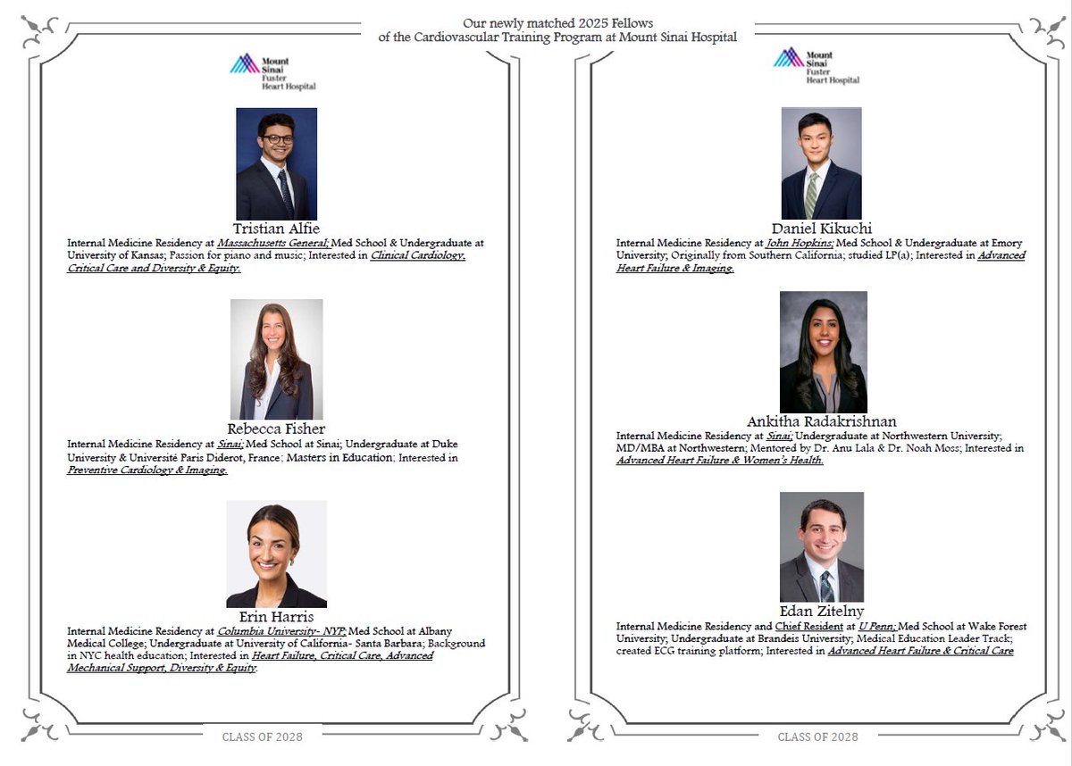 SinaiCards's tweet image. We are thrilled to announce the Class of 2028 of the Mount Sinai Hospital Cardiovascular Training Program! 

We cannot wait to welcome you🌟🫀🗽

@MountSinaiHeart @DLBHATTMD