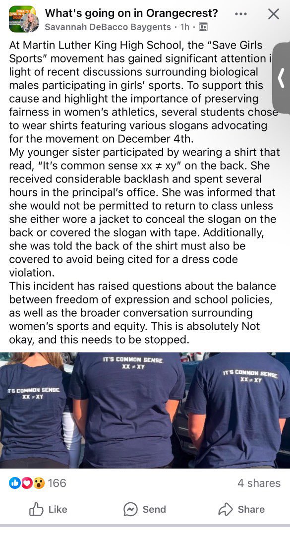 SophiaSLorey's tweet photo. 150+ MLK HS students in Riverside, CA wore “Save Girls Sports” shirts after 2 female athletes were compared by admin to wearing “swastikas in front of a jewish student” for wearing this shirt.

There is a male on the girls cross country team.

Admin DRESS CODED students, forced students to COVER UP their shirts, & those who didn’t spent several hours in the principal’s office.

Follow the ongoing thread below of updates & more info! 

PUT THE ADMIN ON BLAST: 

School number: (951) 789-5690

Principal Leann Iacuone: ext. 62200

Ast. Principal Amanda Chann: ext. 62248 achann@riversideunified.org

Title IX Coordinator Bethany Scott: (951)788-7135 ext. 80135 

District Superintendent Renee Hill: (951) 788-7135