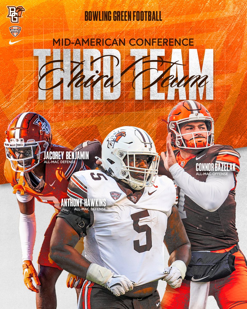𝗔𝗹𝗹-𝗠𝗔𝗖 𝗧𝗵𝗶𝗿𝗱 𝗧𝗲𝗮𝗺 🏆

Congratulations to our third-team All-MAC honorees 👏

🏈 Connor Bazelak (QB)
🏈 Jacorey Benjamin (CB)
🏈 Anthony Hawkins (DL)

#ToTheMoon 🟠🟤