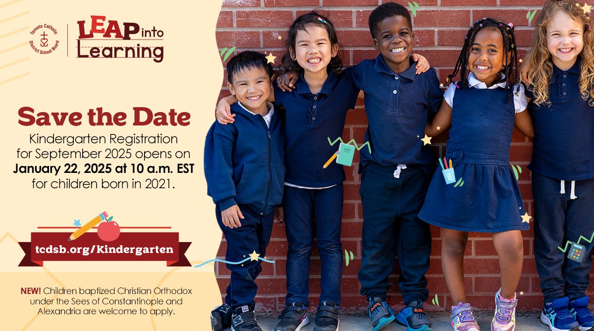 #DYK: Children born in 2021 are eligible for Kindergarten in fall 2025! 
 
Registration for your local TCDSB school begins online January 22nd at 10 AM! 
 
Learn more tcdsb.org/kindergarten