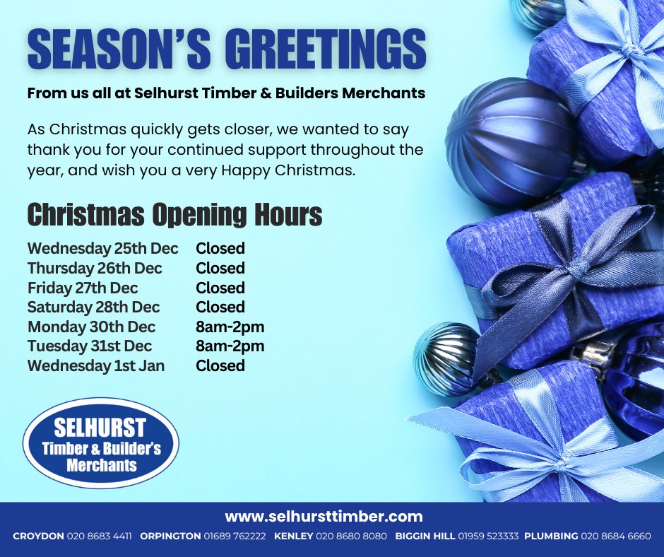 As Christmas quickly gets closer, we wanted to say thank you for your continued support throughout the year, and wish you a very Happy Christmas!

selhursttimber.com

#timber #Croydon #Orpington #Kenley #BigginHill 
#timbermerchant #London #buildersmerchant #timberdeals