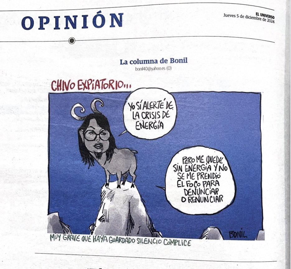 mrivadeneira's tweet photo. Otra caricatura magistral de Bonil en diario El Universo que refleja las actuaciones de la ex ministra de Energía, que recién habla de la crisis eléctrica y no tuvo la dignidad de salir y hablar a tiempo https://t.co/7XBmORNzEU