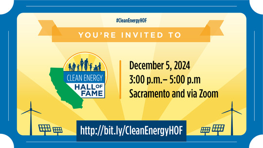 CalEnergy's tweet photo. 🎉Today is the day! Join us at 3:00 p.m. to celebrate this year’s #CleanEnergyHOF winners, either in-person or virtually: https://t.co/CXoXSHujPs 
 
A reception with refreshments will follow in the lobby of the @CalNatResources building in Sacramento. 🌎✨ #CalEnergy https://t.co/UQvx3vyzst