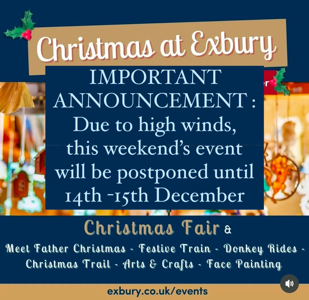 Due to high winds, we have decided to postpone this weekend’s event until the following weekend, 14th-15th December.
 
Pre-booked tickets will roll over to the new dates (further info will be emailed).
 
We are sorry for any inconvenience but your safety is our highest priority.