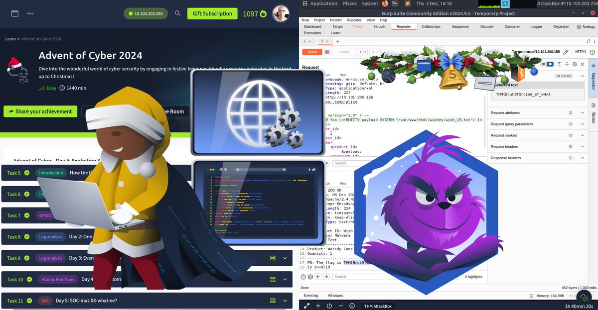 DjalilAyed's tweet image. 🎅 Day 5 🎅 of Advent of Cyber 2024 from @RealTryHackMe just started.
Today you learn about, XML and XML External Entity (XXE)
🤖 Also you get to practice XXE Injection
#TryHackMe #AdventOfCyber #XML #XXE #XXEInjection