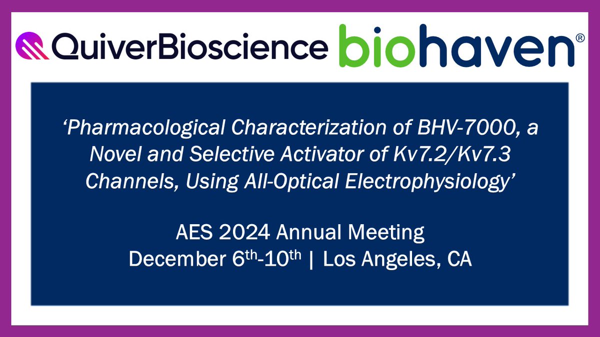 QuiverBio's tweet photo. We are looking forward to participating at the @AmEpilepsySoc Annual Meeting #AES2024 in Los Angeles! Stop by our poster to learn more about how we are supporting drug development with collaborators at @biohaven ! https://t.co/1i57sWYDQL