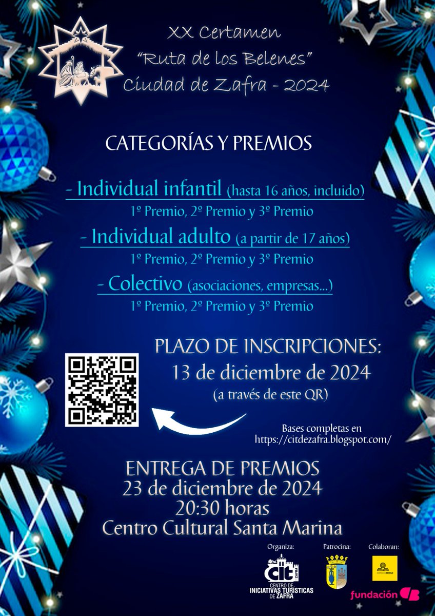 CitZafra's tweet photo. XX Certamen "Ruta de los Belenes" y V Concurso de "Balcones en Navidad"  Cuidad de Zafra 2024.
Plazo: 13 de diciembre. 
Inscripciones: https://t.co/ac2mTOH9f1 

Bases completas: https://t.co/jfZ3GbzYbh https://t.co/xI9dNery1D