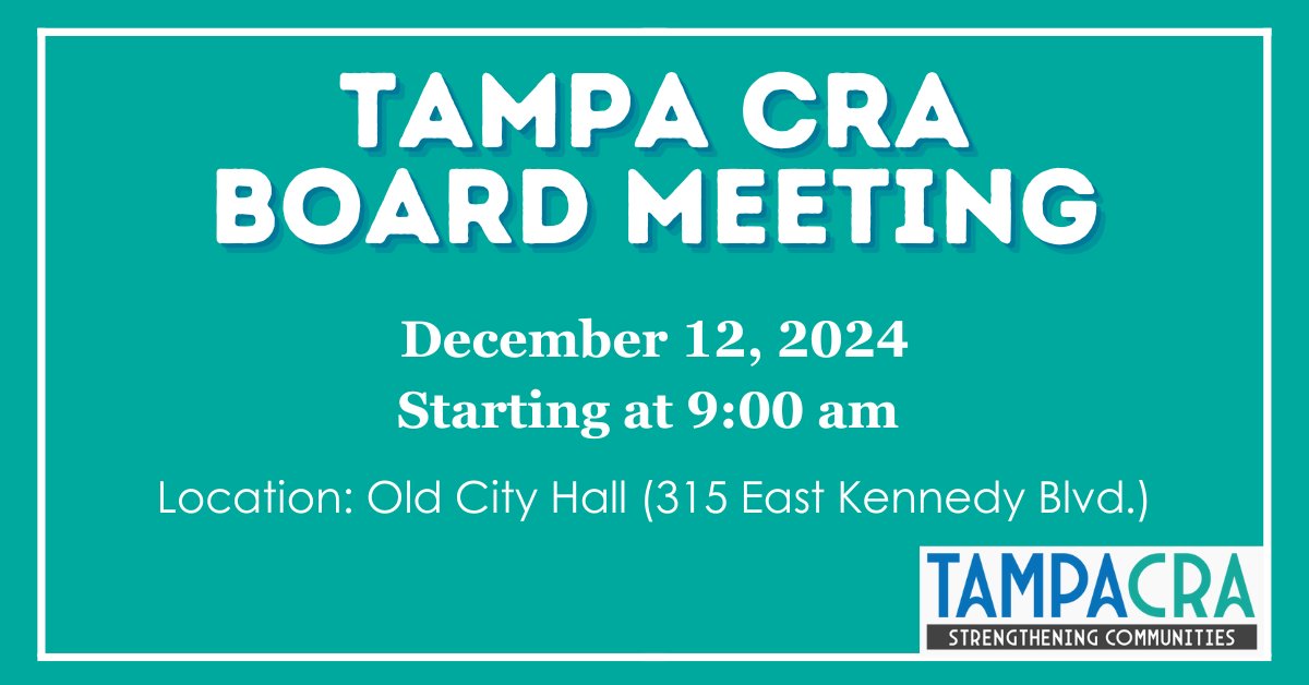 tampacra's tweet image. 📣Meeting Reminder: This month's CRA Board Meeting will take place on Thursday, December 12, at Old City Hall at 9:00 am.⠀⠀⠀
⠀⠀⠀
📅 December 12, 2024⠀⠀⠀
📌 315 East Kennedy Blvd⠀⠀⠀
🕟 9:00am