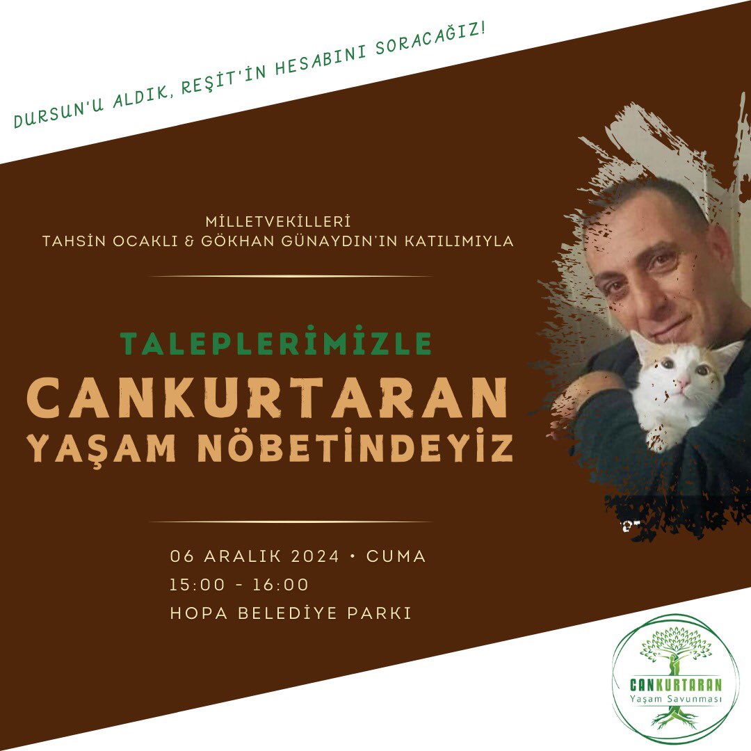 HopaHalkevi's tweet photo. Dursun’u aldık, Reşit’in hesabını soracağız! 

Taleplerimizle birlikte  Chp Rize Milletvekili Tahsin Ocaklı ve İstanbul Milletvekili Gökhan Günaydın’ın katılımıyla yaşam nöbetindeyiz! 

🗓️ 6 Aralık 2024 Cuma (Yarın)
🕖 15.00
📍 Hopa Belediye  Parkı https://t.co/LEN7Udzn67