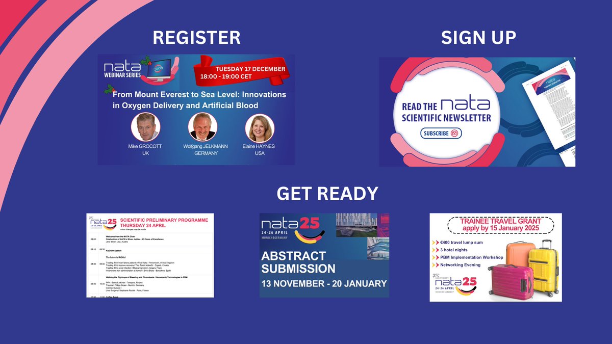NATA (@nataforum) on Twitter photo NATA in December
✅ check out NATA activities this December.
🎙️Join the Christmas Special Webinar with <a href="/mike_grocott/">Mike Grocott</a> #WolfgangJelkmann & <a href="/ElaineEHaynes/">Elaine Haynes</a>
🚀Get ready for #NATA25
Find all the information on nataonline.com
#PBM #Oxygenation #anaemia #artificialblood NATA in December
✅ check out NATA activities this December.
🎙️Join the Christmas Special Webinar with <a href="/mike_grocott/">Mike Grocott</a> #WolfgangJelkmann & <a href="/ElaineEHaynes/">Elaine Haynes</a>
🚀Get ready for #NATA25
Find all the information on nataonline.com
#PBM #Oxygenation #anaemia #artificialblood