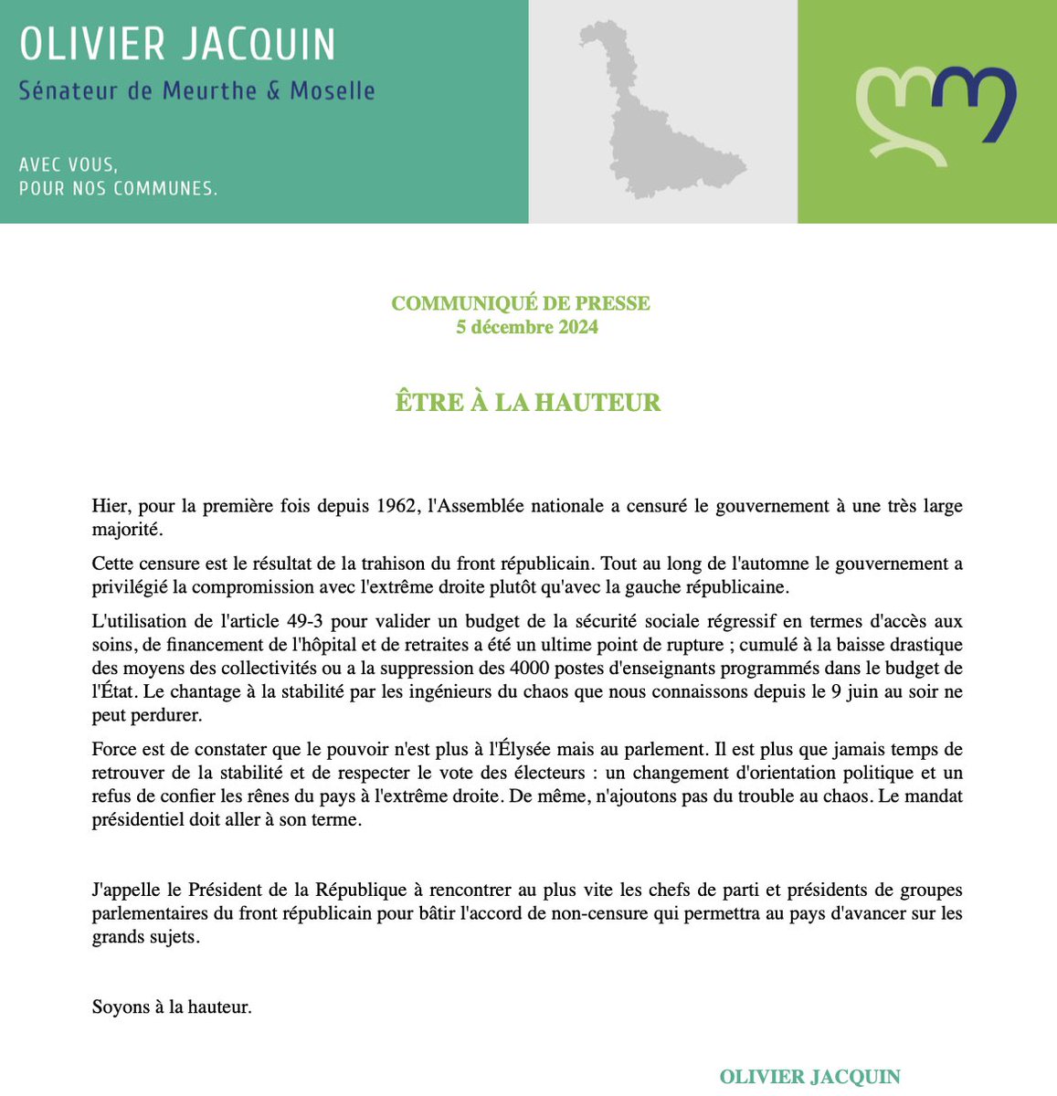 Mon communiqué au lendemain du vote de la motion de censure.