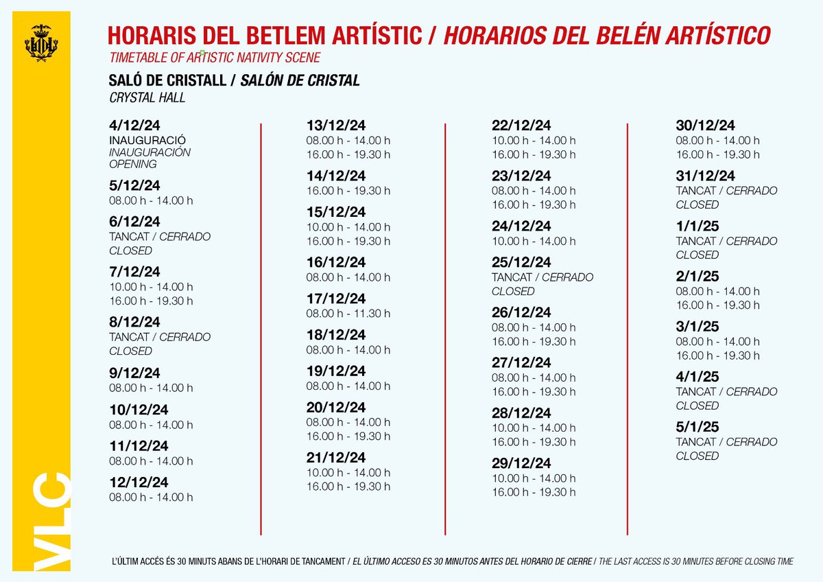 Aquí os dejamos los horarios de visita del Belén Artístico 👇🏽

📍 Salón de Cristal ( Ayuntamiento de Valencia )
📅 hasta el 3 de enero de 2025