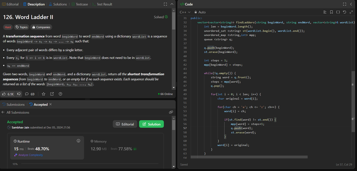 jsambhav5's tweet photo. #Day64 of #100DaysOfDSA
Topics and Learnings: #Graph, #DepthFirstSearch
Problems Solved:
96. #LeetCode #126 : Word Ladder II
Approach: Used #DFS to solve this
TC: O(N)
SC: O(N^2 * M) https://t.co/BCyYCxQt7R