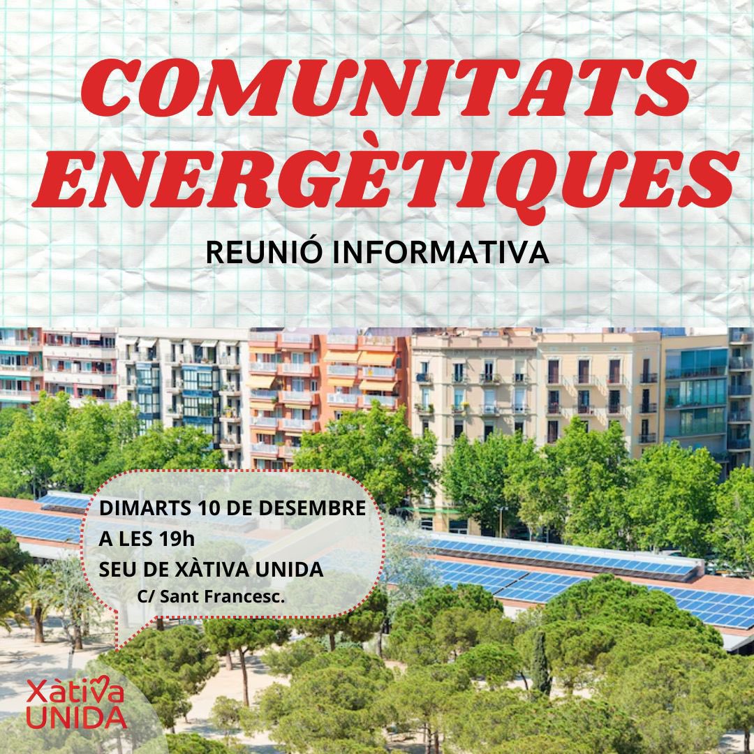 ☑️ Saps que és una Comunitat energètica?⚡️

☑️ Saps perquè serveix?🔋

☑️ Quins són els seus avantatges?💰I… com formar una?

➡️ El pròxim dimarts 10 de desembre t'ho contem amb el company <a href="/Carlesxtva/">Carles #XUnida❤️</a> . Vine i informat🫵