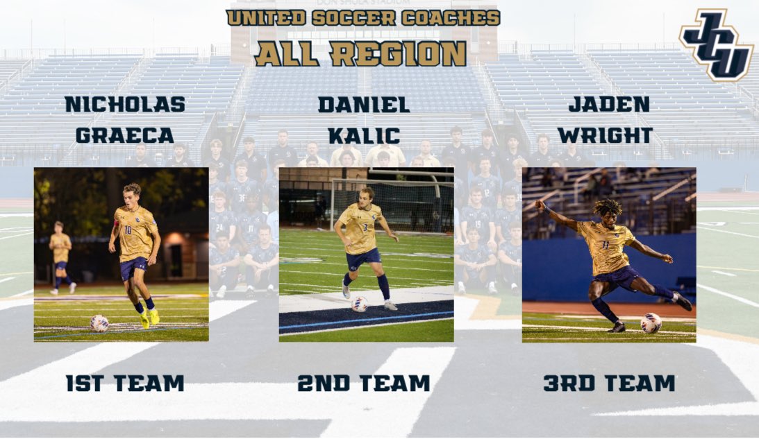 jcumenssoccer's tweet photo. Congratulations to Nicholas Graeca, Daniel Kalic, and Jaden Wright for finding their ways to the United Soccer Coaches All-Region teams for Region VII!

#WenzlersWarriors #BlueAndGoldStandard #Team61 https://t.co/qL2M3MLLOw