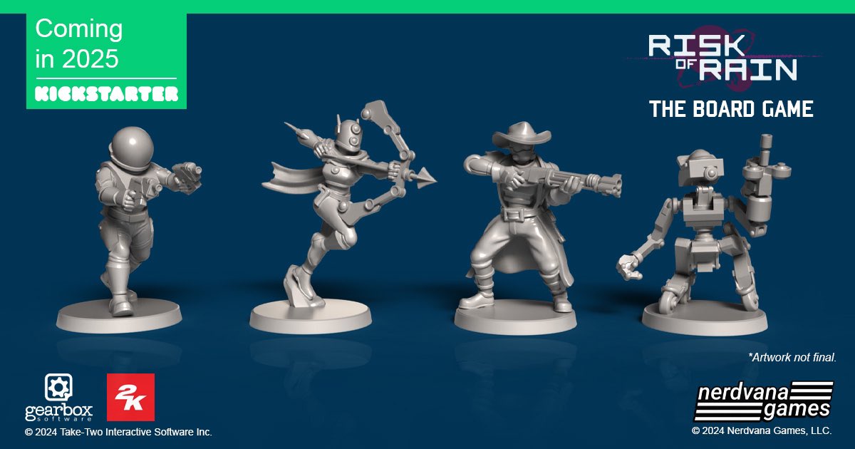nerdvanagame's tweet photo. Which survivor will you choose? 🤔 The Risk of Rain Board Game launches on Kickstarter in 2025. Follow here: https://t.co/7s0aDdwJwQ https://t.co/iQu3ci94cO