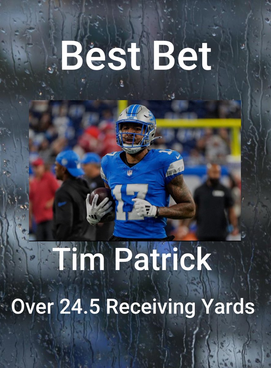 Captain_Cappers's tweet photo. 🚨 Best Bet!!!

🔵 Tim Patrick    Over 24.5 Rec yds

Tim Patrick is a clear Wideout 3 for the fast pace Detroit lions offense. He has cleared this line over the past three games and will look to have another great game tonight!

#NFL #FANTASTICS #bestbet https://t.co/tVperLwP1H