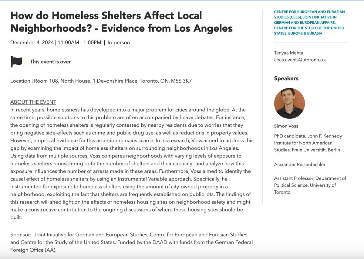 Economics Department J.-F.-Kennedy Institute (@jfki_econ) on Twitter photo Yesterday, Simon Voss (@simonvoss93) presented his new research on "How do Homeless Shelters Affect Local Neighborhoods? - Evidence from Los Angeles" at the <a href="/munkschool/">Munk School</a>!
Find out more about his work at: sites.google.com/view/simonvoss… Yesterday, Simon Voss (@simonvoss93) presented his new research on "How do Homeless Shelters Affect Local Neighborhoods? - Evidence from Los Angeles" at the <a href="/munkschool/">Munk School</a>!
Find out more about his work at: sites.google.com/view/simonvoss…