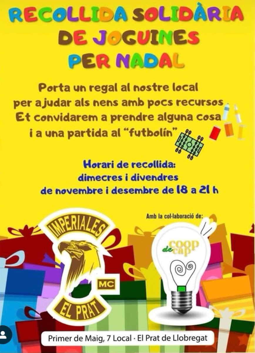 CoopdeCap's tweet photo. Campaña Reyes 2025.Horario: 11 a 14hrs entrega en https://t.co/1GIf38i7lI 18 a 20hrs en C/ Primero de Mayo, 20. Y también miércoles y viernes, en el local de "Imperiales" en 1° de Mayo, 7. #unjugueteunasonrisa #reyes2025 #juguetessolidarios https://t.co/hDOvu2AzPD