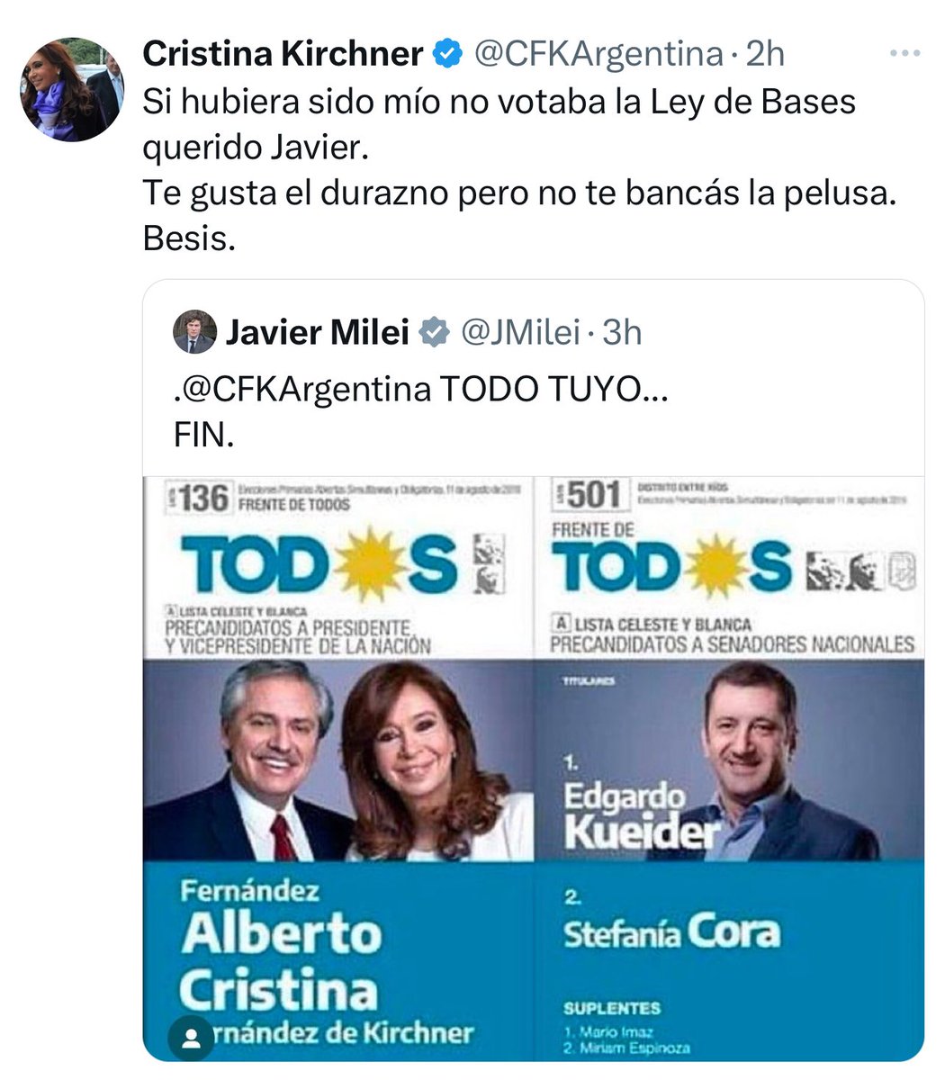 guadavazquez's tweet photo. Entonces, según Cristina, al senador Kueider debería reemplazarlo uno de LLA y no Estefanía Cora de La Cámpora. Besis. https://t.co/Q4P2yWUM56