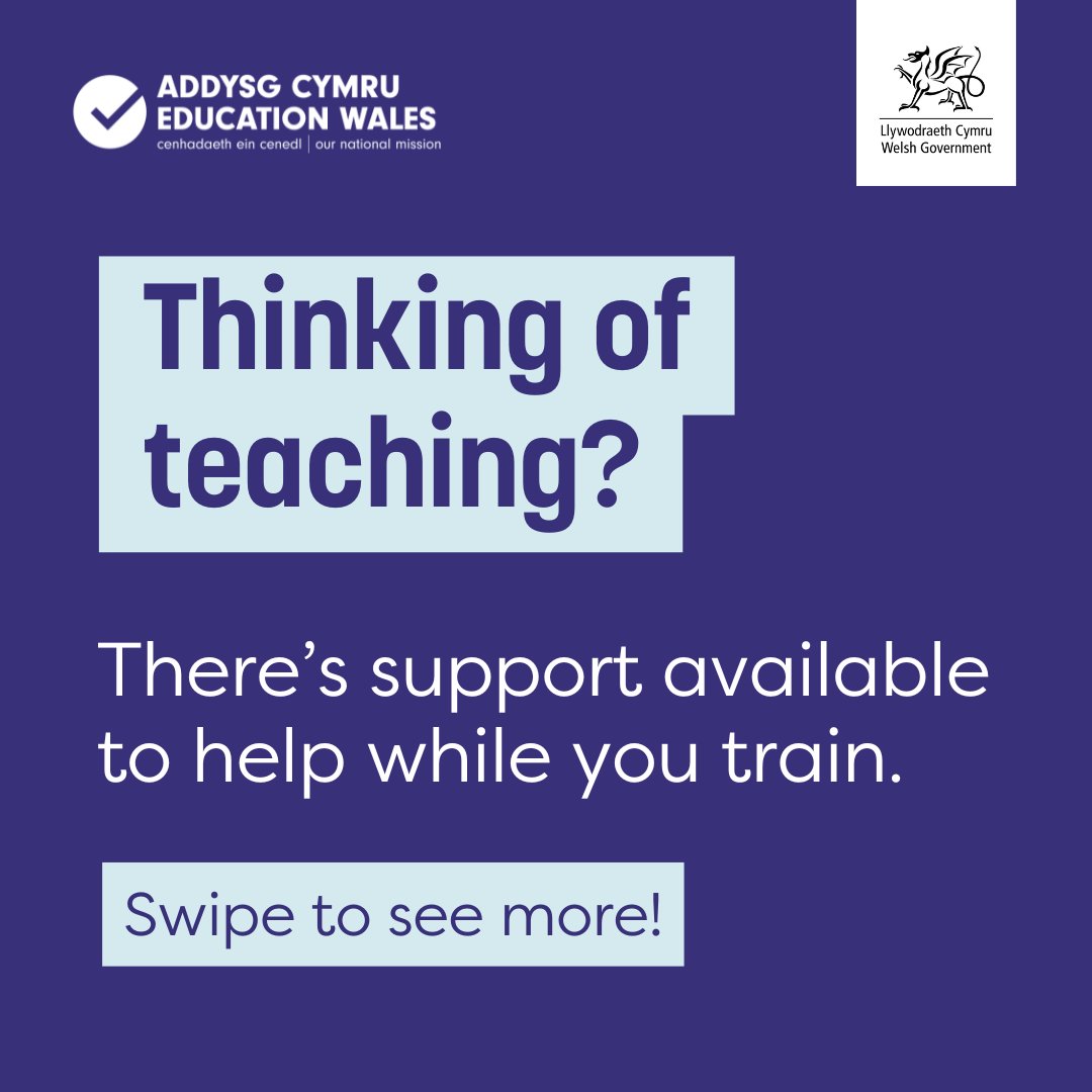 TeachingWales's tweet image. Considering teaching?
We’re here to support you through your journey to become a qualified teacher –incentives are available to support you whilst you train
Interested? Visit educators.wales to find out more
#TeachingWales
@Athrofa
@ITEcardiffmet
@PGCEswanseauni…